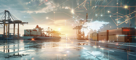 A cargo ship sails through a busy port at sunset, with digital connections symbolizing global trade and the movement of goods