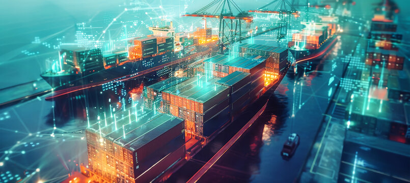 At twilight, a digital-patterned cargo ship docks in a harbor, showcasing the blend of traditional shipping and modern technology