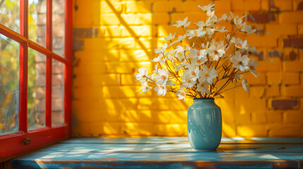 A bouquet of white flowers in a blue vase by a red window, set against a bright yellow brick wall with dramatic sunlight and shadows. Perfect for home decor, interior design.