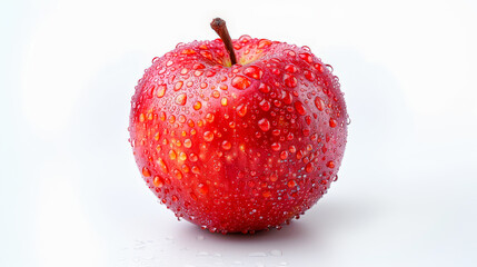 A close-up of a fresh red apple covered in water droplets against a white background. Ideal for food, health, and nutrition-themed projects.