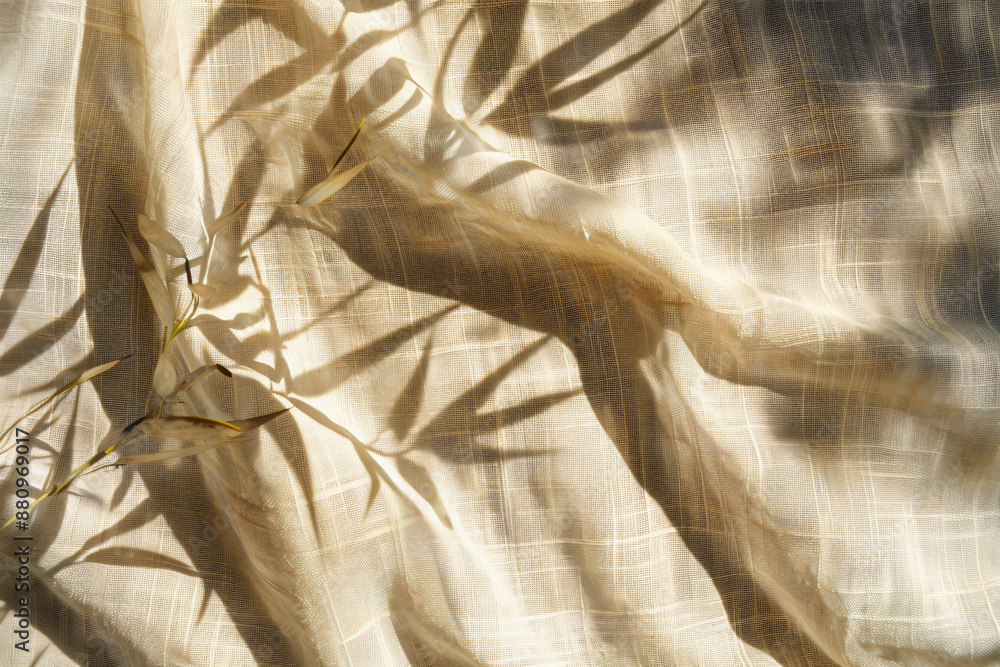 Poster photo of a shadow cast on beige linen fabric in the style of bamboo leaves, creating an organic text