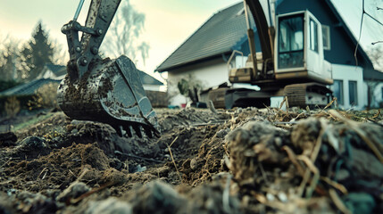 Obraz premium A close-up shot of an excavator bucket digging into the earth, with a residential home in the background