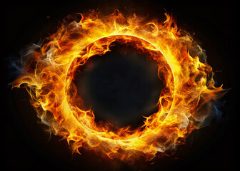 Vibrant ring of fire surrounded by darkness, flames engulfing the circular shape, intense yellow and orange hues contrasting against the black background.