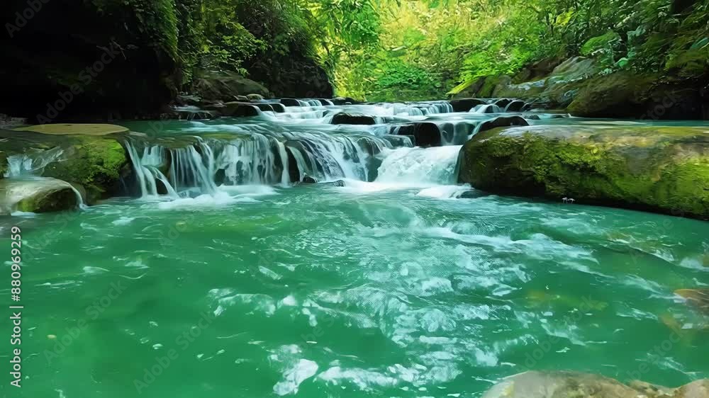 Poster a series of smaller waterfalls flowing into a tranquil emerald green pool perfect for a refreshing d