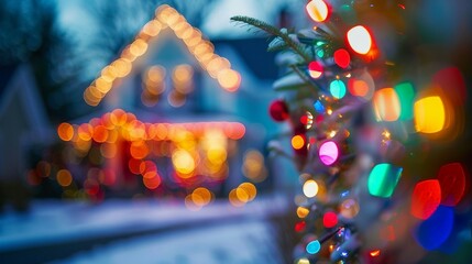 Festive House with Colorful Christmas Lights and Decorations, Warm Holiday Glow. Generative AI