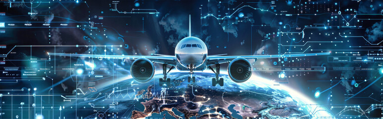 A futuristic plane, adorned with advanced technology, takes flight against a backdrop of digital networks and a glowing Earth