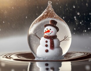 Christmas Snowman inside a drop of water, with rippling effect