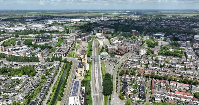 Central station and city overview of Alphen aan Den Rijn, The Netherlands.
