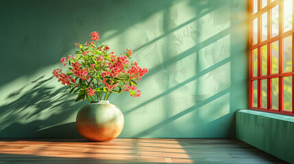 Elegant vase with vibrant flowers on a wooden floor, bathed in warm sunlight streaming through a red-framed window, casting beautiful shadows on a green wall.