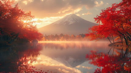 Stunning autumn landscape of Mount Fuji framed by vibrant red maple leaves reflecting in a serene lake at sunrise, showcasing the beauty of Japan's nature.