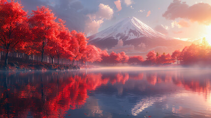 Stunning autumn landscape of Mount Fuji framed by vibrant red maple leaves reflecting in a serene lake at sunrise, showcasing the beauty of Japan's nature.