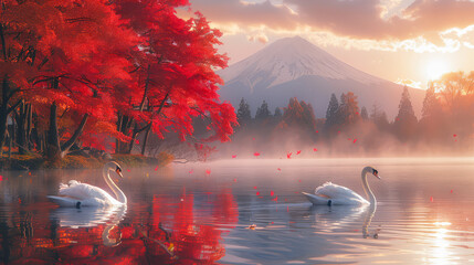 Beautiful autumn scene featuring swans gliding on a calm lake with Mount Fuji and vibrant red maple trees in the background at sunrise, highlighting the serene beauty of nature.