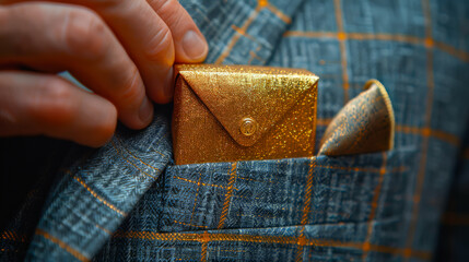 Close-up of a hand placing a small, glittering gold gift box into the pocket of a stylish plaid jacket, symbolizing luxury and thoughtful giving.