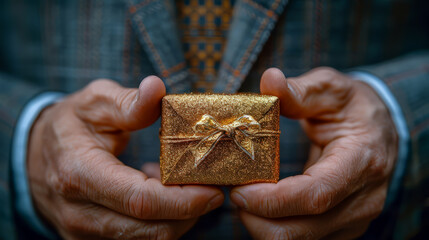 Close-up of an elderly person's hands holding a small, glittering gold gift box wrapped with a ribbon, capturing the essence of giving and celebration.