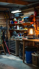 Fototapeta premium Warm Garage Workshop with Portable Propane Heater and Organized Tools for Winter Projects