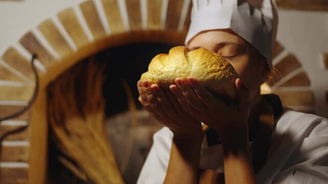 Close up shot of young female chef baker enjoys the smell of freshly baked bread