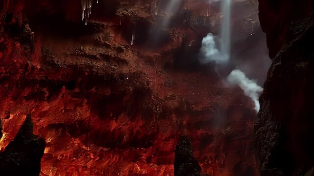 The walls seem to glow with an otherworldly red hue caused by iron and sulfur deposits.