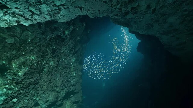 Small glowing creatures flit about on the walls adding an element of magic to this underground world.