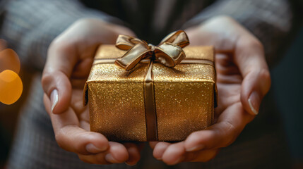 A close-up of a person holding a beautifully wrapped golden gift box with a bow. Perfect for celebrations, holidays, and special occasion-themed projects.