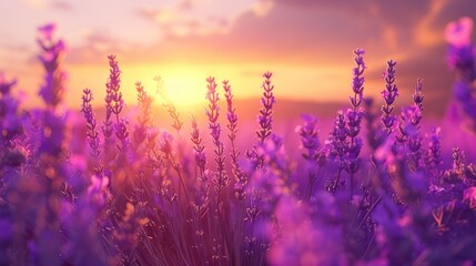Fototapeta premium Bright purple lavender fields with sunset
