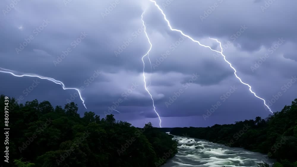 Poster a dramatic shot of a stormy sky above a rainforest river with lightning illuminating the dense treet