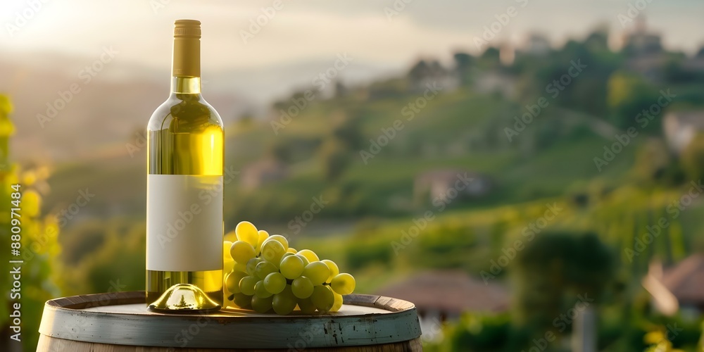Poster white wine bottle in a rustic village setting. concept wine bottles, rustic settings, static objects