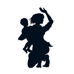 Silhouette of a mother protecting her child. Isolated image of a woman and her son in a moment of danger. The mother raised her hand to protect the kid. Black drawing of abuse family scene