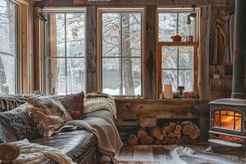 Cozy Winter Cabin with Wood Burning Stove and Snowy Forest View, Perfect for Rustic Retreat