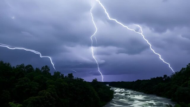 A dramatic shot of a stormy sky above a rainforest river with lightning illuminating the dense treetops.