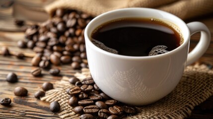 Fototapeta premium Close-Up of Coffee Cup with Beans and Burlap