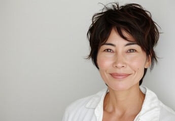 Japanese woman with short hair and light brown eyes, smiling in white shirt