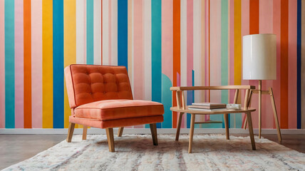 Pastel multi colour vibrant groovy retro striped background wall frame with bright armchair