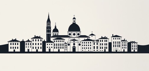 A city skyline with a large cathedral in the middle