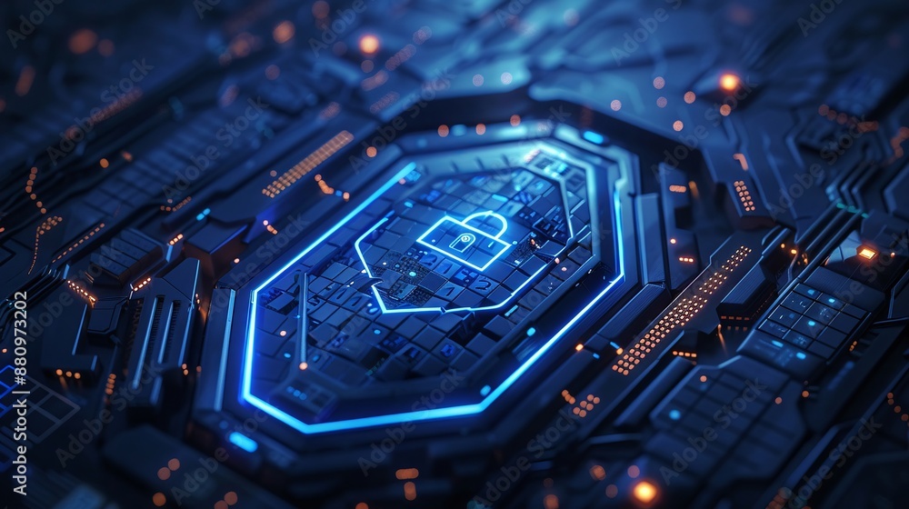 Aufkleber a blue and orange computer chip with a lock symbol on it