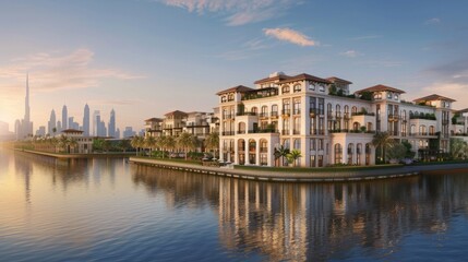 Luxurious Waterfront Apartments with City Skyline View at Sunset
