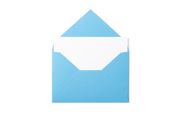 Opened blue paper envelope mockup with paper sheet isolated on a transparent background, PNG. High...