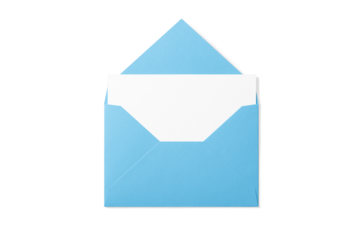 Opened blue paper envelope mockup with paper sheet isolated on a transparent background, PNG. High resolution. 