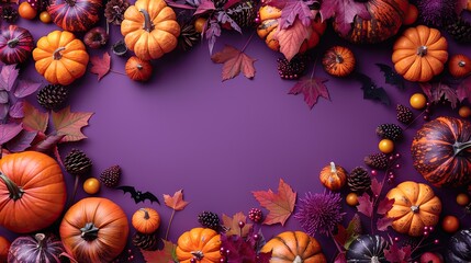 Fototapeta premium happy halloween flat lay composition top view pumpkins,skeleton hands skull fall maple leaves bats on purple background halloween banner party invitation card mockup