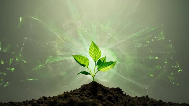 Digital elements and particles over green plant shoot. Ecology, environment, green energy, biotechnology concept. Ai-generated.