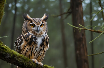 Fototapeta premium Majestic Owl Gazing Intently from Forest Perch