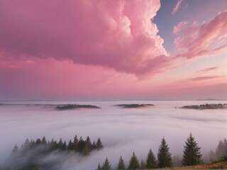 Obraz premium Postcard, letterhead, background with pink clouds on blue sky, gentle landscape 