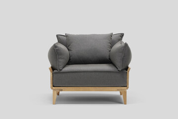 sofa couch settee chesterfield grey colors with chaise longe isolated on white background with shadow reflection. Corner settee sofa with pillows on wooden legs on grey backdrop. Clipping path.