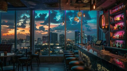 Skyline Night View in a Bar Miami 