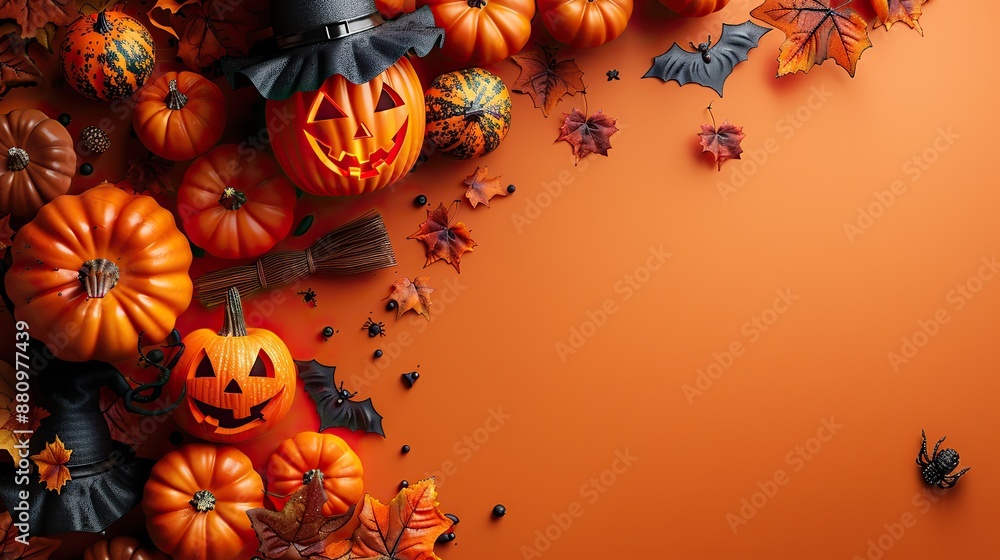 Canvas Prints happy halloween holiday concept halloween decorations pumpkins ghosts witches hats brooms on orange 