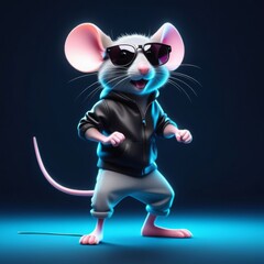 Stylish little mouse in black leather jacket, gray shorts and black sunglasses, standing on hind legs and dancing in neon light on dark background. Creative concept of the advertising banner. Copy