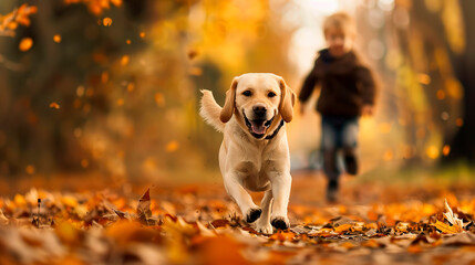 Autumn joyful moments. Fun family walk with a Labrador dog in nature in a park with fallen leaves