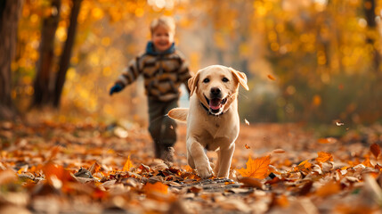 Autumn joyful moments. Fun family walk with a Labrador dog in nature in a park with fallen leaves