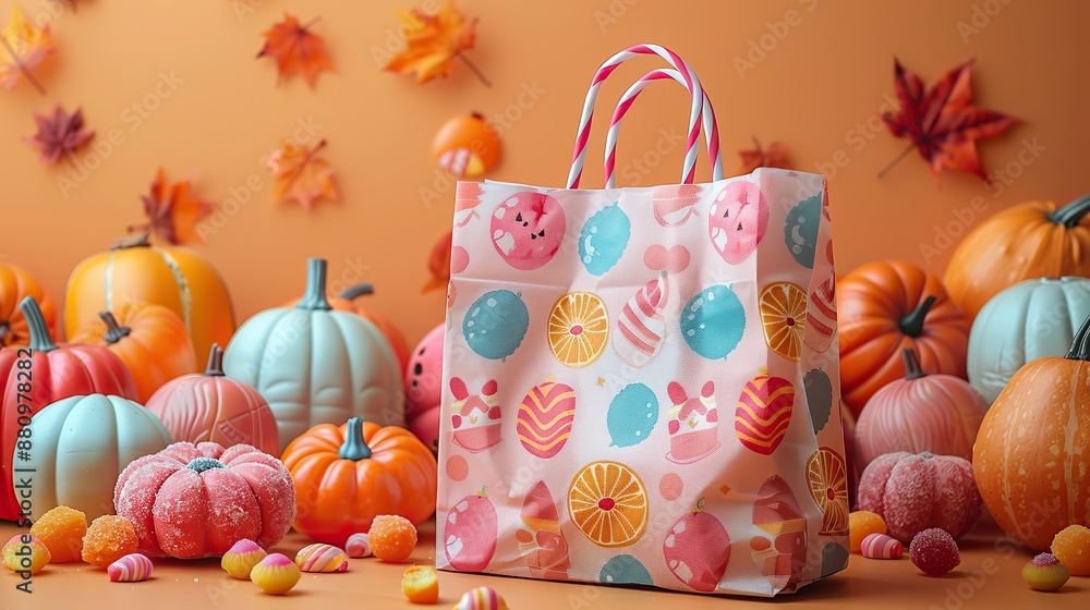 Wall mural happy halloween holiday sale shopping bag,sweets on orange background flat lay top view overhead