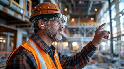 An engineer using augmented reality to visualize and adjust building designs on-site.