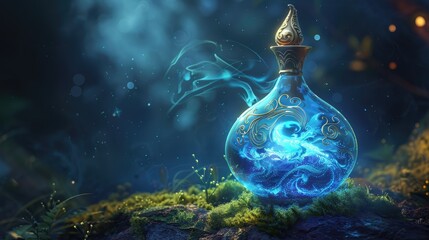 A blue glass bottle with a blue liquid inside